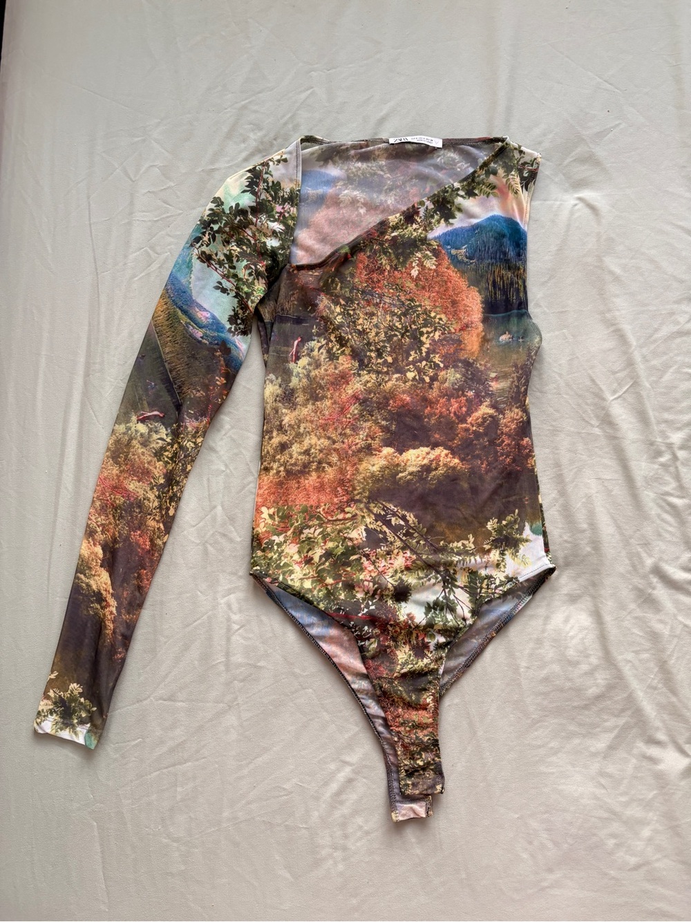 Zara Scenic Forest Print Long-Sleeve One-Piece Bodysuit - Green, Brown, Blue
